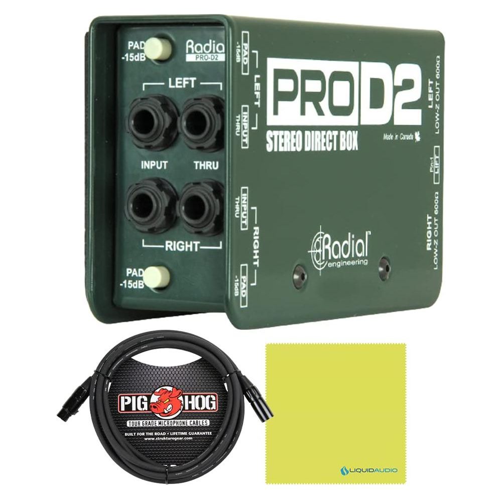 Radial Engineering ProD2 Stereo Passive 2 Channel Direct Box Bundle w/Pig  Hog 10' XLR 8MM Microphone Cable & Liquid Audio Polishing Cloth Designed  for Keyboards