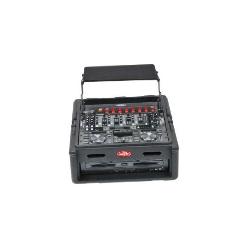 SKB Cases 1SKB-R102 10x2 Roto Rack/Mixer Console, 10U Slanted Rackmount on top, 2U rackmount in front, Steel Threaded Rails, Hard Lid and Doors, Side Access Ports for Cable Routing