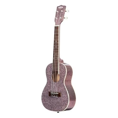 Kala Pink Champagne Sparkle Concert Ukulele, KA-SPRK-PINK Bundle w/Kala KKBL Klipz Tuner in Blue and Liquid Audio Polishing Cloth