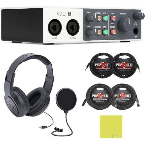 Universal Audio Volt 2 USB-C Audio Interface Bundle w/Samson Over-Ear Stereo Headphones, 2-Pack Pig Hog 8mm XLR Mic Cable, 2-Pack Pig Hog 