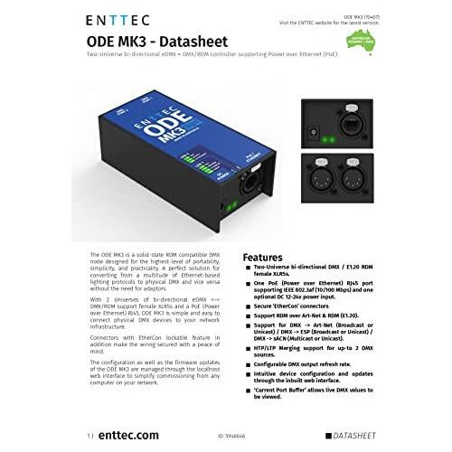 ENTTEC ODE MK3 Two-universe Bidirectional DMX Ethernet Gateway