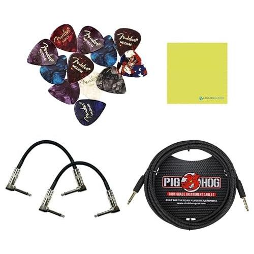 Boss BD-2W Blues Driver Pedal Bundle w/ 2-Pack Strukture S6P48 Woven Right Angle Patch Cable, Pig Hog PCH10BK "Black Woven" Instrument Cable, 12-Pack Guitar Pick and Liquid Audio Polishing Cloth