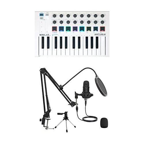 Arturia MiniLab MKII 25-Key MIDI Controller Keyboard WHITE and MIRFAK TU1 USB Microphone Professional Kit BUNDLE- Studio Setup for Recording Music at Home, Desk Microphone with Stand for PC and MAC