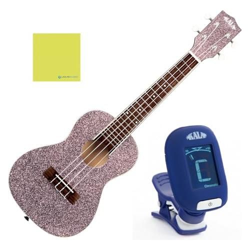 Kala Pink Champagne Sparkle Concert Ukulele, KA-SPRK-PINK Bundle w/Kala KKBL Klipz Tuner in Blue and Liquid Audio Polishing Cloth