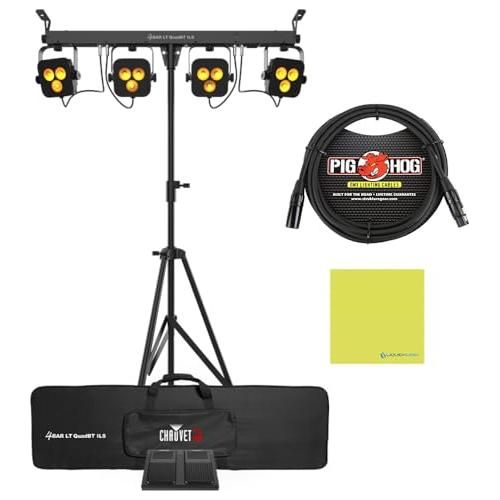 Chauvet 4BAR LT QuadBT ILS Portable Wash Lighting System Bundle w/Pig Hog PHDMX10 Lighting Cable and Liquid Audio Polishing Cloth