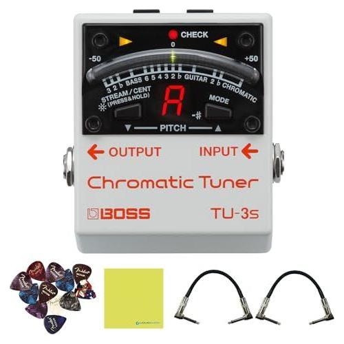 Boss TU-3S Chromatic Tuner Pedal Bundle w/2x Strukture S6P48 Woven Right Angle Patch Cables, 12x Guitar Picks and Liquid Audio Polishing Cloth