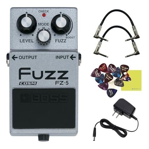 Boss FZ-5 Fuzz Pedal Bundle w/ 2-Pack Strukture S6P48 Woven Right Angle Patch Cable, 12-Pack Guitar Pick, 9V Power Adapter and Liquid Audio Polishing Cloth