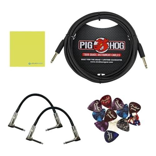 Boss FZ-1W Fuzz Pedal Bundle w/ 2-Pack Strukture S6P48 Woven Right Angle Patch Cable, Pig Hog PCH10BK "Black Woven" Instrument Cable, 12-Pack Guitar Pick and Liquid Audio Polishing Cloth