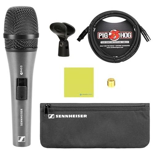 Liquid Audio Sennheiser E 845-S Supercardioid Dynamic Vocal Microphone, On/Off Switch Bundle w/Pig Hog PHM10 8mm Mic Cable Polishing Cloth