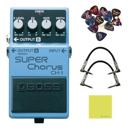 Boss CH-1 Unique Stereo Super Chorus Pedal Bundle w/2x Strukture S6P48 Woven Right Angle Patch Cables, 12x Guitar Picks and Liquid Audio Polishing Cloth