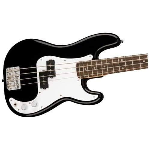 Squier Mini Precision Short Scale Bass Guitar, Indian Laurel Fingerboard, Black Bundle w/ 12 Picks & Liquid Audio Polishing Cloth