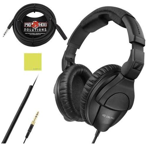 Liquid Audio Sennheiser HD 280 PRO Over-Ear Monitoring Headphones, Black Bundle w/Pig Hog PHX14-25 1/4" Headphone Extension Cable Polishing Cloth