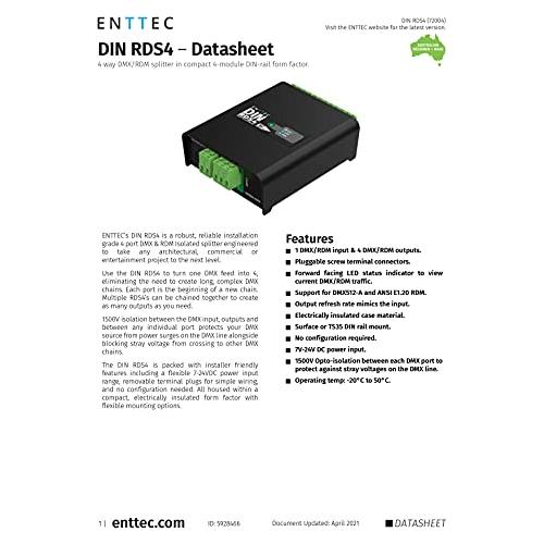 Enttec DIN RDS4 mk2 72004 4 Port DMX / RDM DIN Rail Isolated Splitter Black