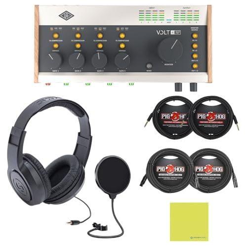 Universal Audio Volt 476P USB-C Audio Interface Bundle w/Samson Over-Ear Stereo Headphones, 2-Pack Pig Hog 8mm XLR Mic Cable, 2-Pack Pig Hog "Black Woven" Instrument Cable, & Liquid Audio Pop Filter