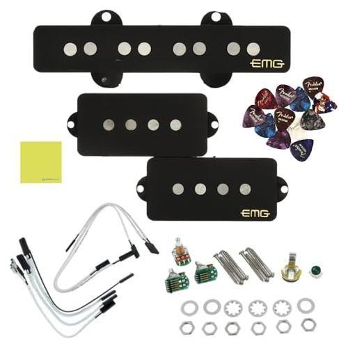 EMG GZR-PJHZ (Geezer Butler) Black Signature PJ Bass Guitar Pickup Set Bundle w/ 12x Fender Guitar Picks, and Liquid Audio Polishing Cloth