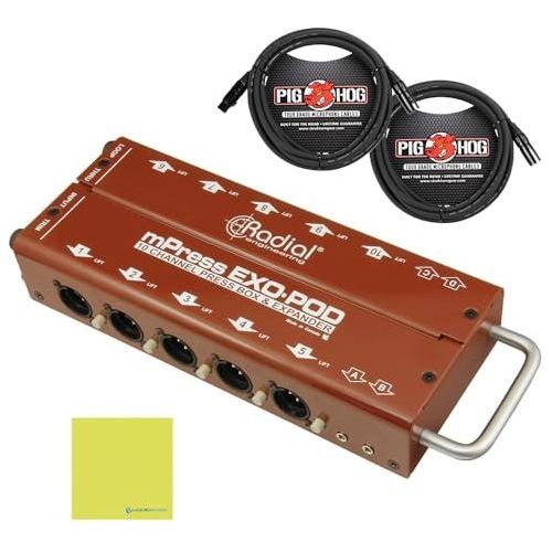 Radial Engineering Exo-Pod Broadcast Splitter Bundle w/2-Pack Pig Hog PHM10 8mm XLR Microphone Cable and Liquid Audio Polishing Cloth