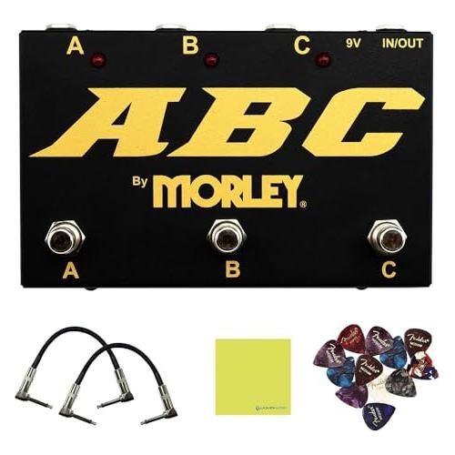 Morley Gold Series ABC 3-button Switcher/Combiner Pedal Bundle w/2x Strukture S6P48 Woven Right Angle Patch Cables, 12x Guitar Picks and Liquid Audio Polishing Cloth