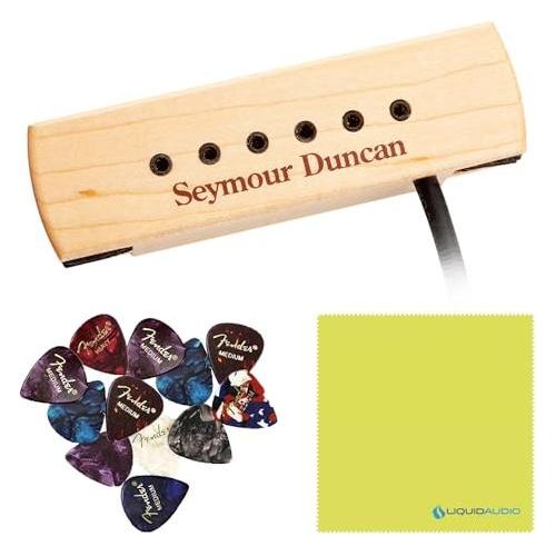 Seymour Duncan Woody XL Acoustic Guitar Soundhole Pickup Maple Color Bundle with 12x Guitar Picks and Liquid Audio Polishing Cloth