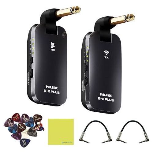 NUX B-2 Plus 2.4GHz Guitar Wireless System Bundle w/2x Strukture S6P48 Woven Right Angle Patch Cables, 12x Guitar Picks and Liquid Audio Polishing Cloth