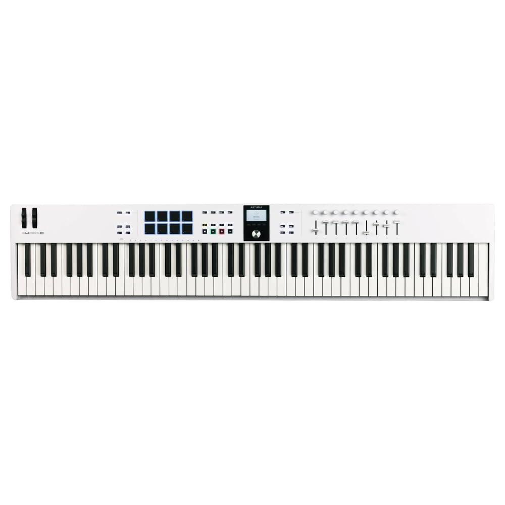 Arturia KeyLab Essential 88 mk3 Full-size Universal Midi Controller, White Bundle w/Deluxe Sustain Pedal & Liquid Audio Polishing Cloth