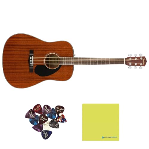 Fender CD-60S Dreadnought, All-Mahogany Acoustic Guitar - 0970110022 Bundle w/ 12-Pack Guitar Pick and Liquid Audio Polishing Cloth