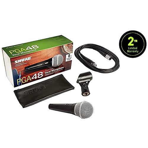 Shure PGA48 Dynamic Microphone - Handheld Mic for Vocals with Cardioid Pick-up Pattern, Discrete On/Off Switch, 3-pin XLR Connector, 15' XLR-to-XLR Cable, Stand Adapter and Zipper Pouch (PGA48-XLR)