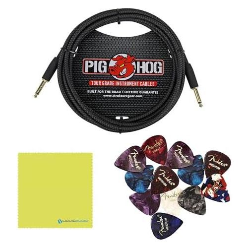 Boss DS-1W Distortion Pedal Bundle w/Pig Hog PCH10BK "Black Woven" Instrument Cable, 12-Pack Guitar Pick and Liquid Audio Polishing Cloth