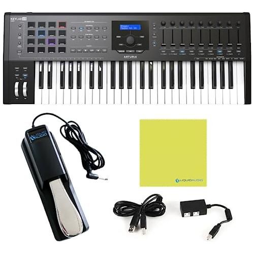 Arturia KeyLab 49 MkII Black Semi Weighted MIDI Keyboard Controller Bundle w/Deluxe Sustain Pedal, USB Cable & Liquid Audio Polishing Cloth (4 Items)