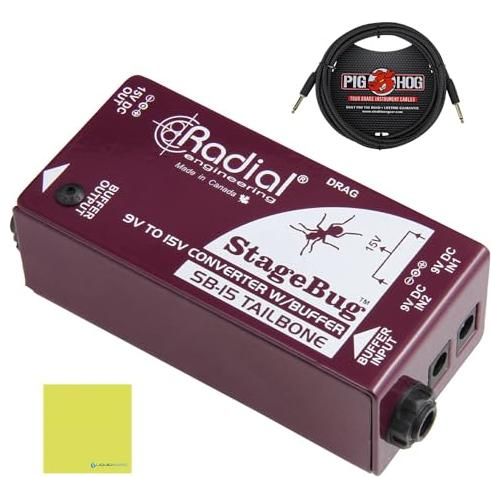 Radial Engineering StageBug SB-15 Tailbone Signal Buffer & 9V to 15V Converter Bundle w/Pig Hog PCH10BK "Black Woven" Instrument Cable and Liquid Audio Polishing Cloth