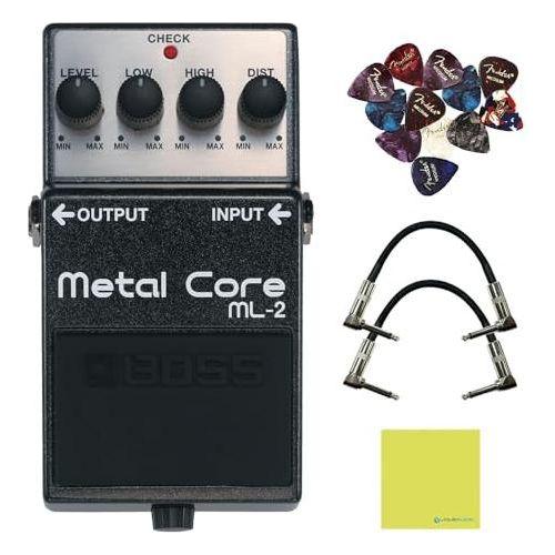 Boss ML-2 Metal Core Distortion Pedal Bundle w/2x Strukture S6P48 Woven Right Angle Patch Cables, 12x Guitar Picks and Liquid Audio Polishing Cloth