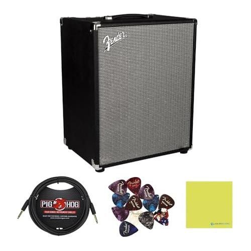 Fender Rumble™ 500 Bass Combo Amplifier, 120V, Black and Silver, 2370600000 Bundle w/Pig Hog PCH10BK “Black Woven” Instrument Cable, 12-Pack Guitar Picks & Liquid Audio Polishing Cloth