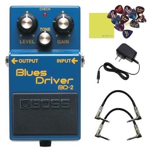 Boss BD-2 Blues Driver Effects Pedal Bundle w/2x Strukture S6P48 Woven Right Angle Patch Cables, 12x Guitar Picks, 9V Power Adapter and Liquid Audio Polishing Cloth