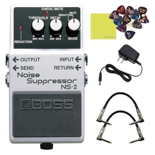 Boss NS-2 Noise Suppressor Pedal Bundle w/2x Strukture S6P48 Woven Right Angle Patch Cables, 12x Guitar Picks, 9V Power Adapter and Liquid Audio Polishing Cloth