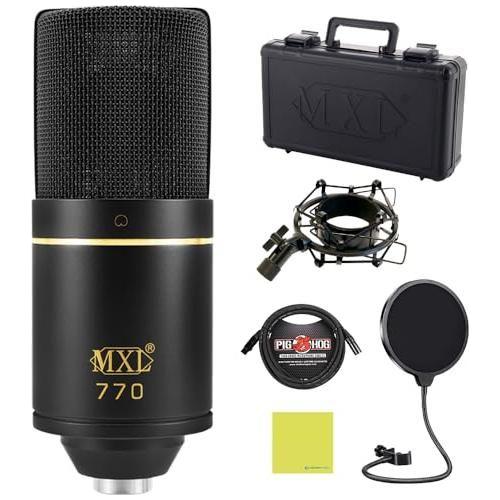 Liquid Audio MXL 770 Cardioid Condenser Instrument Microphone Bundle w/Pig Hog PHM10 8mm Mic Cable, Pop Filter Polishing Cloth