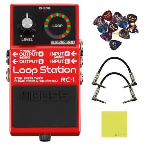 Boss RC-1 Loop Station Looper Pedal Bundle w/2x Strukture S6P48 Woven Right Angle Patch Cables, 12x Guitar Picks and Liquid Audio Polishing Cloth