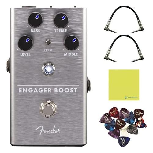 Fender Engager Boost Effects Pedal Bundle w/2x Strukture S6P48 Woven Right Angle Patch Cables, 12x Guitar Picks and Liquid Audio Polishing Cloth