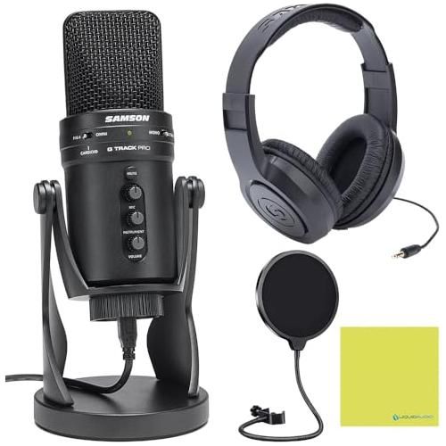 Liquid Audio Samson G-Track Pro Professional USB Microphone with Audio Interface Bundle w/Samson SR350 Over-Ear Stereo Headphones, Pop Filter Polishing Cloth