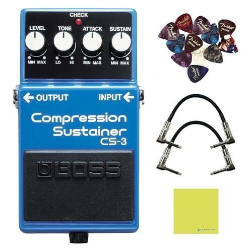 Boss CS-3 Compression Sustainer Pedal Bundle w/2x Strukture S6P48 Woven Right Angle Patch Cables, 12x Guitar Picks and Liquid Audio Polishing Cloth