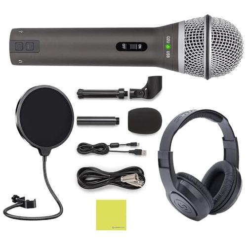 Samson Q2U USB/XLR Dynamic Microphone Bundle with Over Ear Samson Stereo Headphones SR350, Pop Filter, Desktop Tripod, Mic Clip a Windscreen, USB Cable, XLR Cable & Polishing Cloth