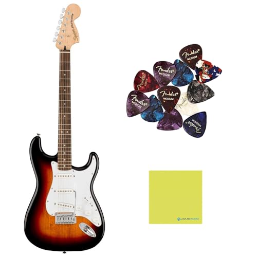 Squier Affinity Series™ Stratocaster®, Indian Laurel Fingerboard, 3-Color Sunburst - 0378000500 Bundle w/ 12-Pack Guitar Pick and Liquid Audio Polishing Cloth