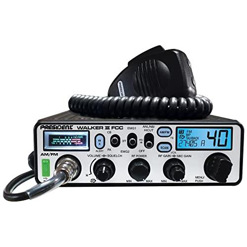 President Walker III FCC AM/FM CB Radio, USB Charging Socket, Roger Beep, Mic Gain, Scan/Scan Skip, 2 Programmable Priority Channels, Talkback Function, Weather Channel, 40 Channels