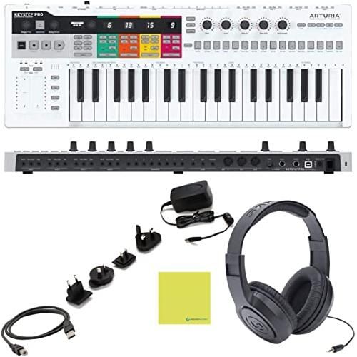 Arturia KeyStep Pro 37-Key Keyboard Controller & Sequencer Bundle w/Samson Headphones, Power Adapter & Liquid Audio Polishing Cloth (4 Items)