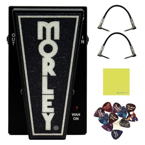 Morley 20/20 Classic Switchless Wah Pedal Bundle w/2x Strukture S6P48 Woven Right Angle Patch Cables, 12x Guitar Picks and Liquid Audio Polishing Cloth