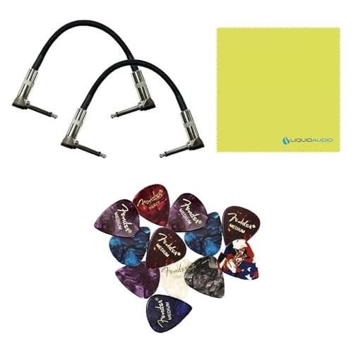 Fender Engager Boost Effects Pedal Bundle w/2x Strukture S6P48 Woven Right Angle Patch Cables, 12x Guitar Picks and Liquid Audio Polishing Cloth