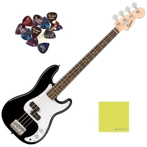 Squier Mini Precision Short Scale Bass Guitar, Indian Laurel Fingerboard, Black Bundle w/ 12 Picks & Liquid Audio Polishing Cloth