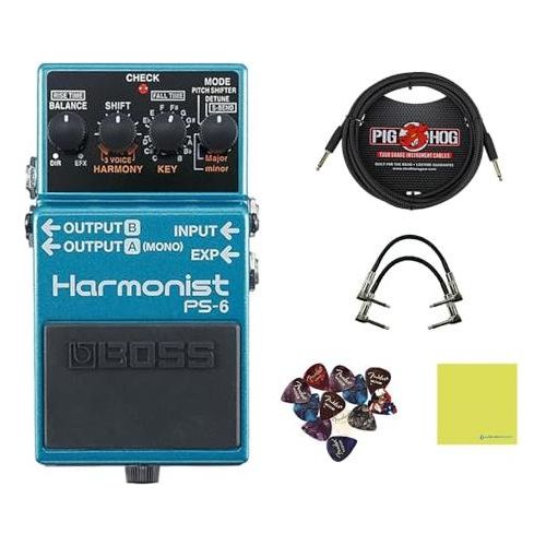 Boss PS-6 Harmonist Pedal Bundle w/ 2-Pack Strukture S6P48 Woven Right Angle Patch Cable, Pig Hog PCH10BK "Black Woven" Instrument Cable, 12-Pack Guitar Pick and Liquid Audio Polishing Cloth