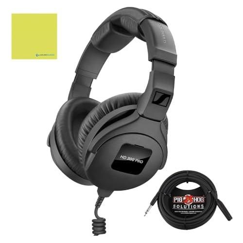 Liquid Audio Sennheiser HD 300 PRO Over-Ear Broadcast Headphones, Black Bundle w/Pig Hog PHX14-25 1/4" Headphone Extension Cable Polishing Cloth