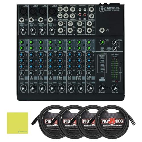 Ma ckie 1202VLZ4 12-Channel Compact Analog Mixer Bundle w/ 4-Pack Pig Hog PHM10 8mm Mic Cable and Liquid Audio Polishing Cloth