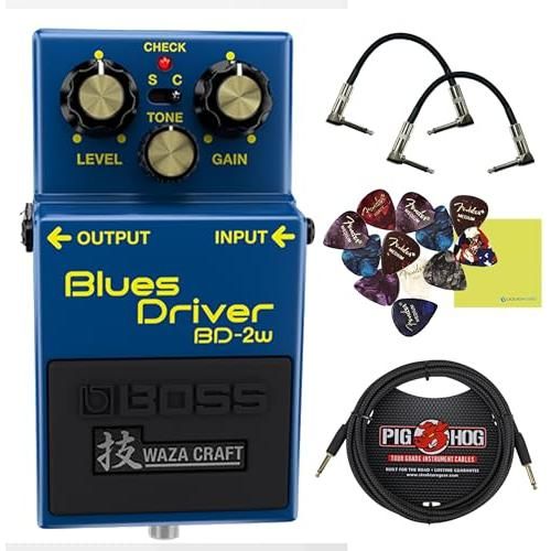 Boss BD-2W Blues Driver Pedal Bundle w/ 2-Pack Strukture S6P48 Woven Right Angle Patch Cable, Pig Hog PCH10BK 