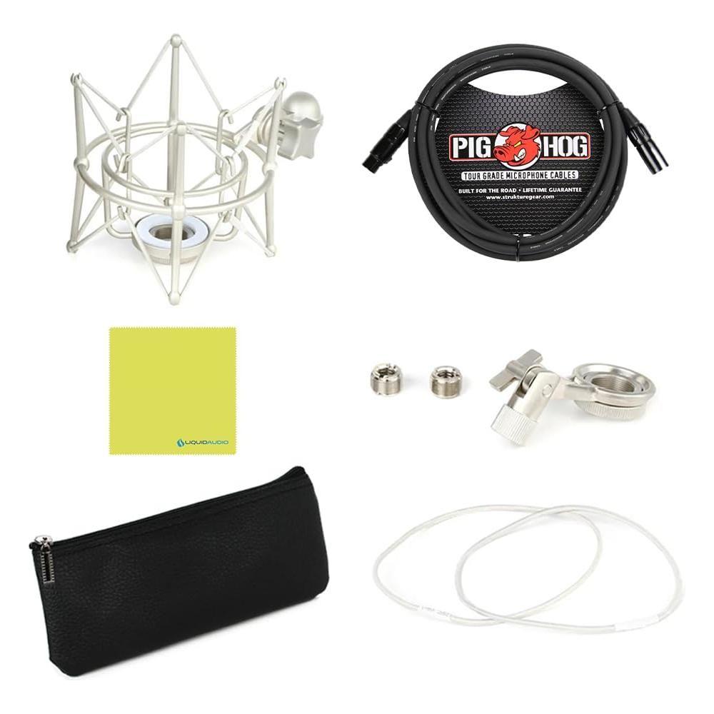 Liquid Audio Warm Audio WA-47jr FET Large-Diaphragm Condenser Microphone, Nickel Bundle w/Pig Hog PHM10 Mic Cable, Shock Mount, Mic Leather Bag Polishing Cloth